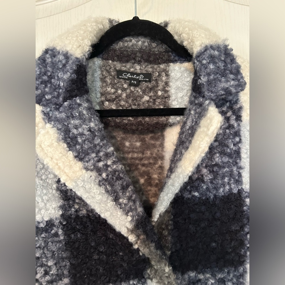 Charlie Checked Teddy Coat in Black, Gray & Cream - Picture 2 of 7